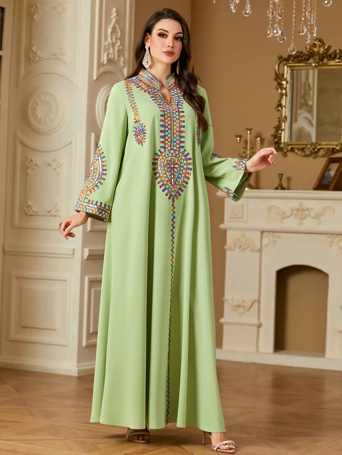 4219 Muslim Long Sleeve Dress Embroidered Large Size Abaya