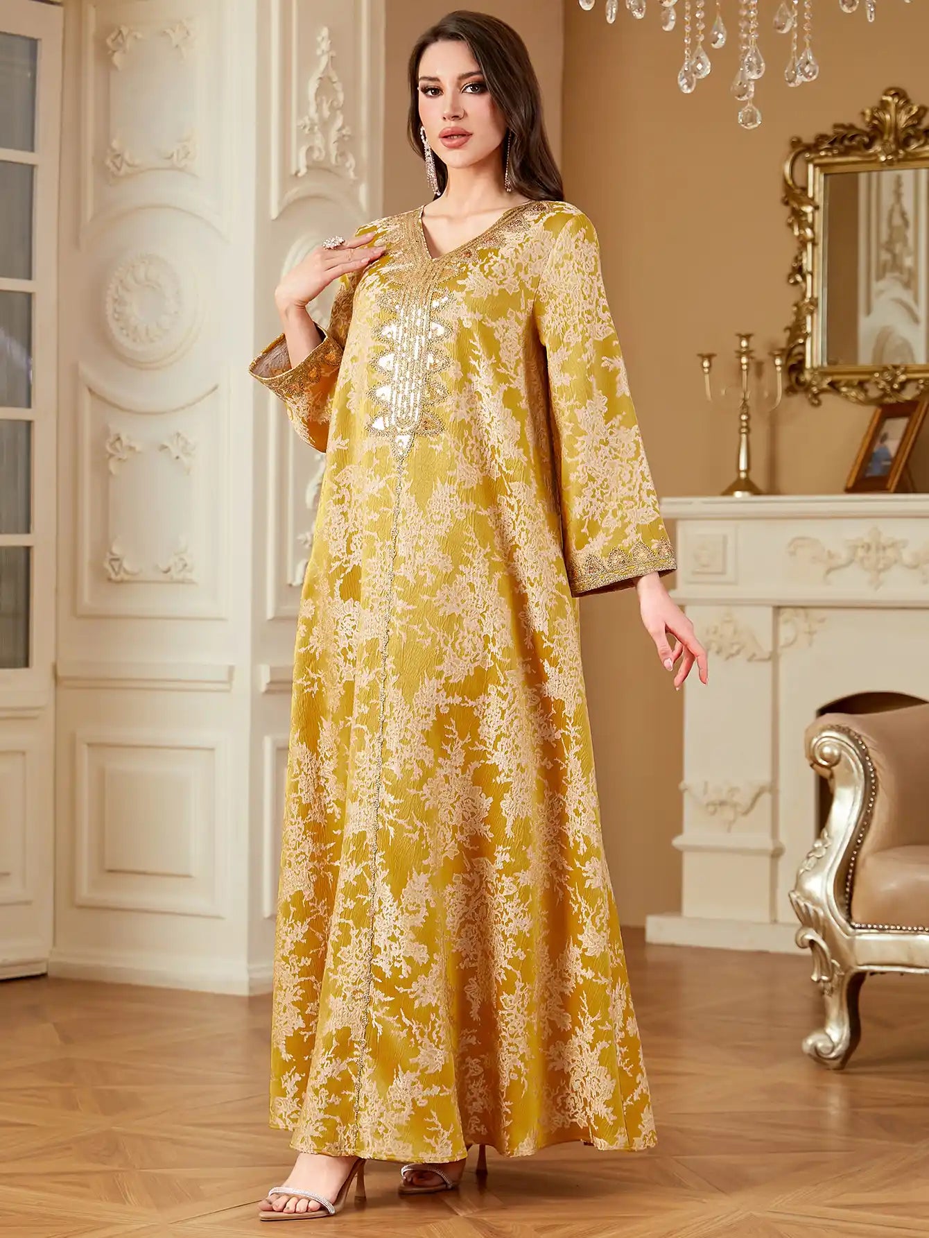 4340 Dubai Robe Jacquard Embroidered Sequined V-neck Dress