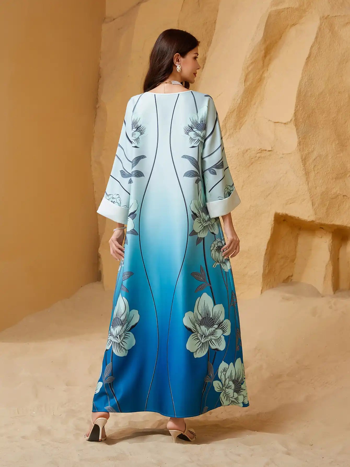 NC27 Muslim Women's Printed Beaded Abaya Moroccan Dress