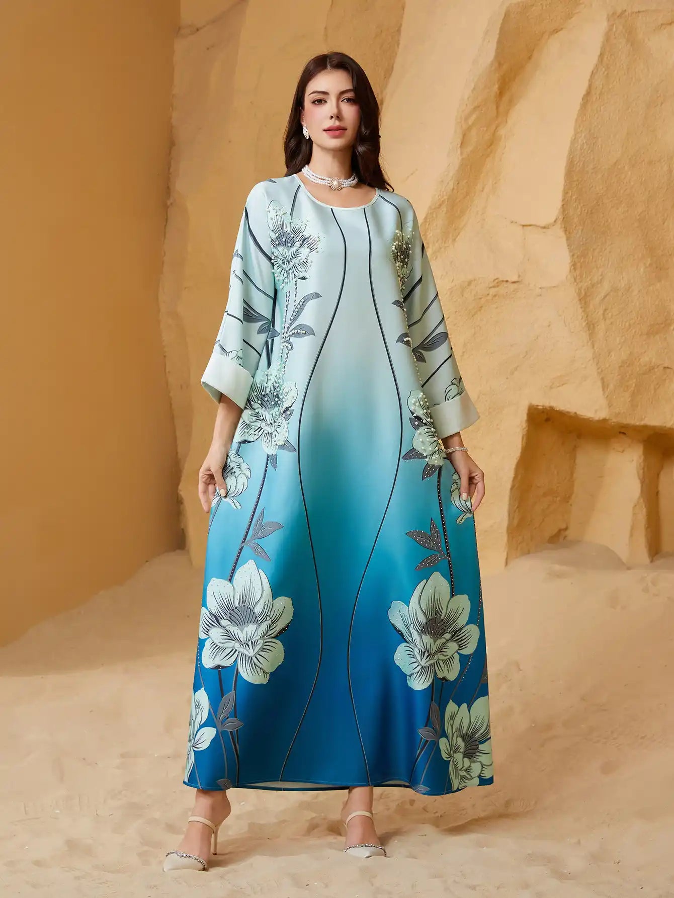 NC27 Muslim Women's Printed Beaded Abaya Moroccan Dress