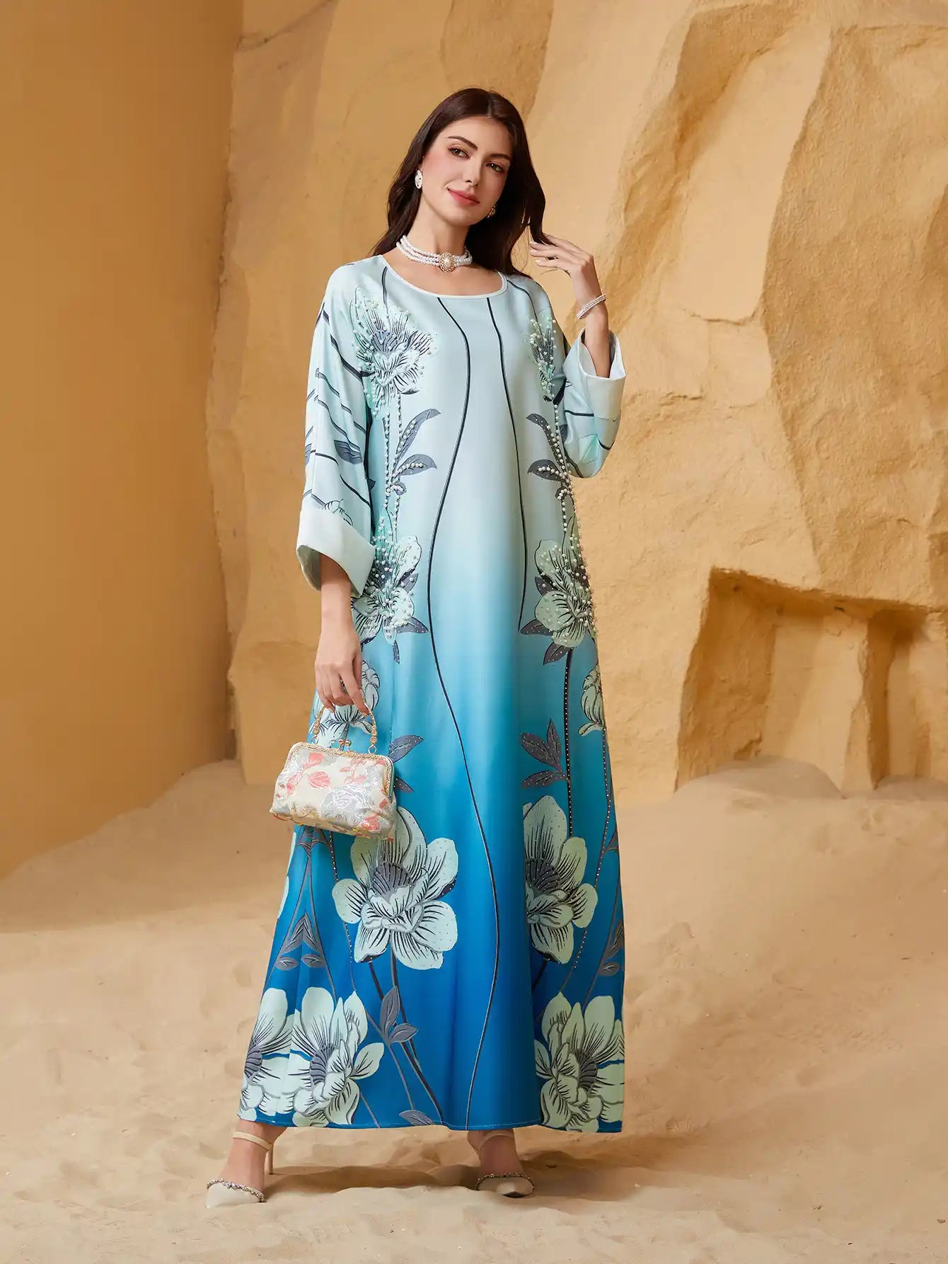 NC27 Muslim Women's Printed Beaded Abaya Moroccan Dress