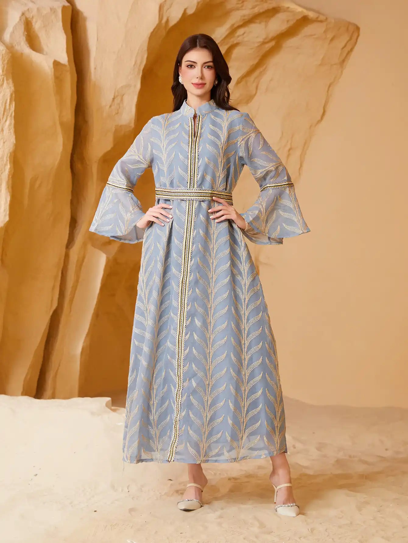 NC32 Muslim Embroidery Trumpet Sleeve Abaya Dress