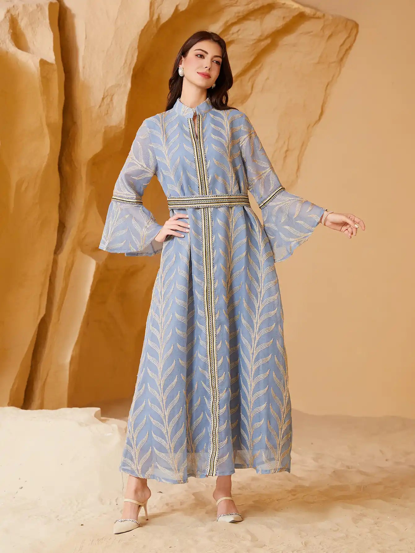 NC32 Muslim Embroidery Trumpet Sleeve Abaya Dress