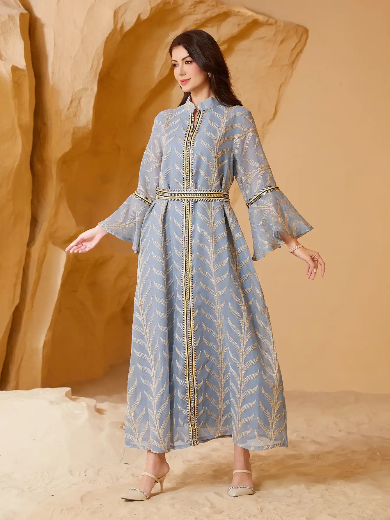 NC32 Muslim Embroidery Trumpet Sleeve Abaya Dress