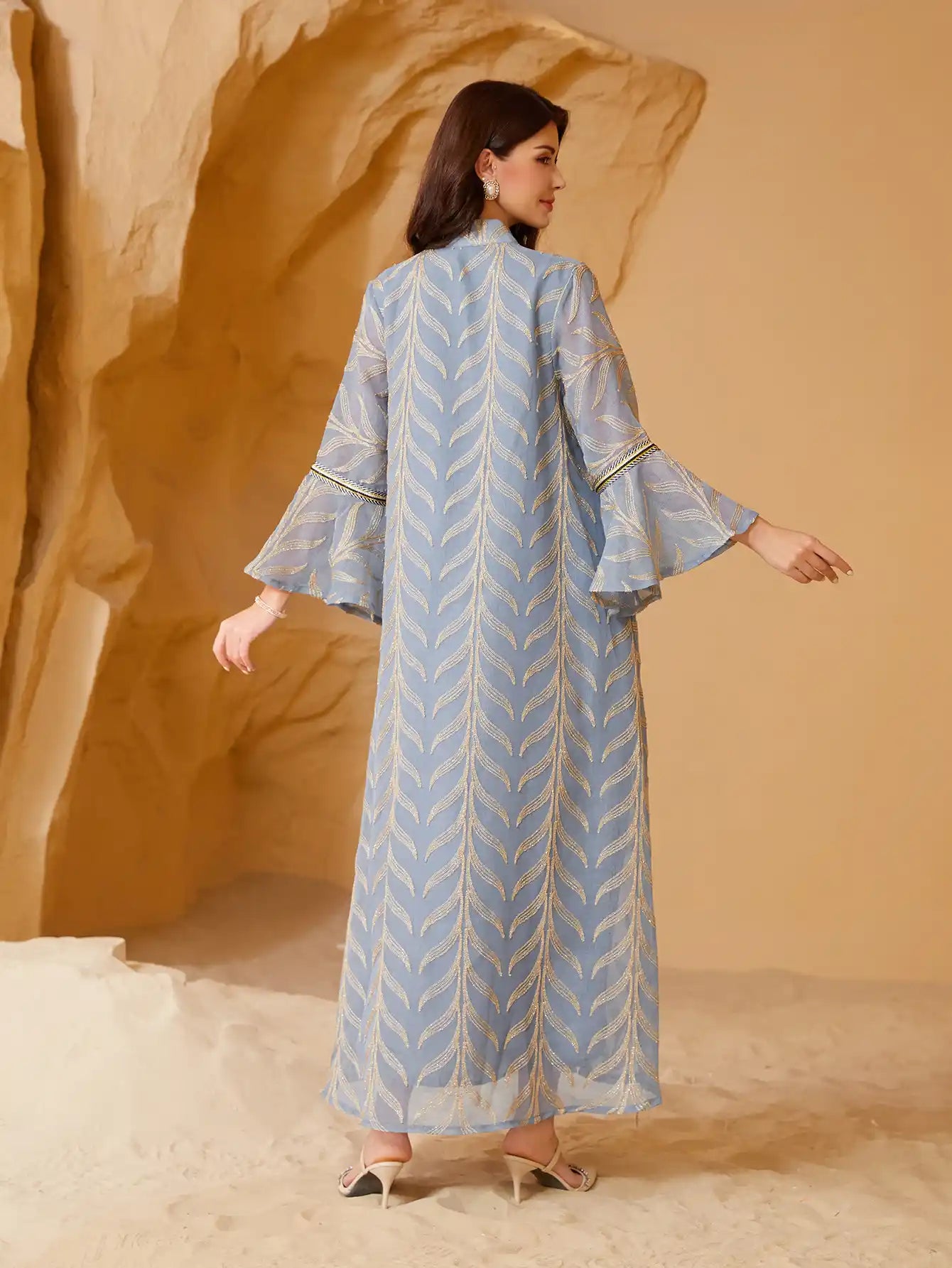 NC32 Muslim Embroidery Trumpet Sleeve Abaya Dress