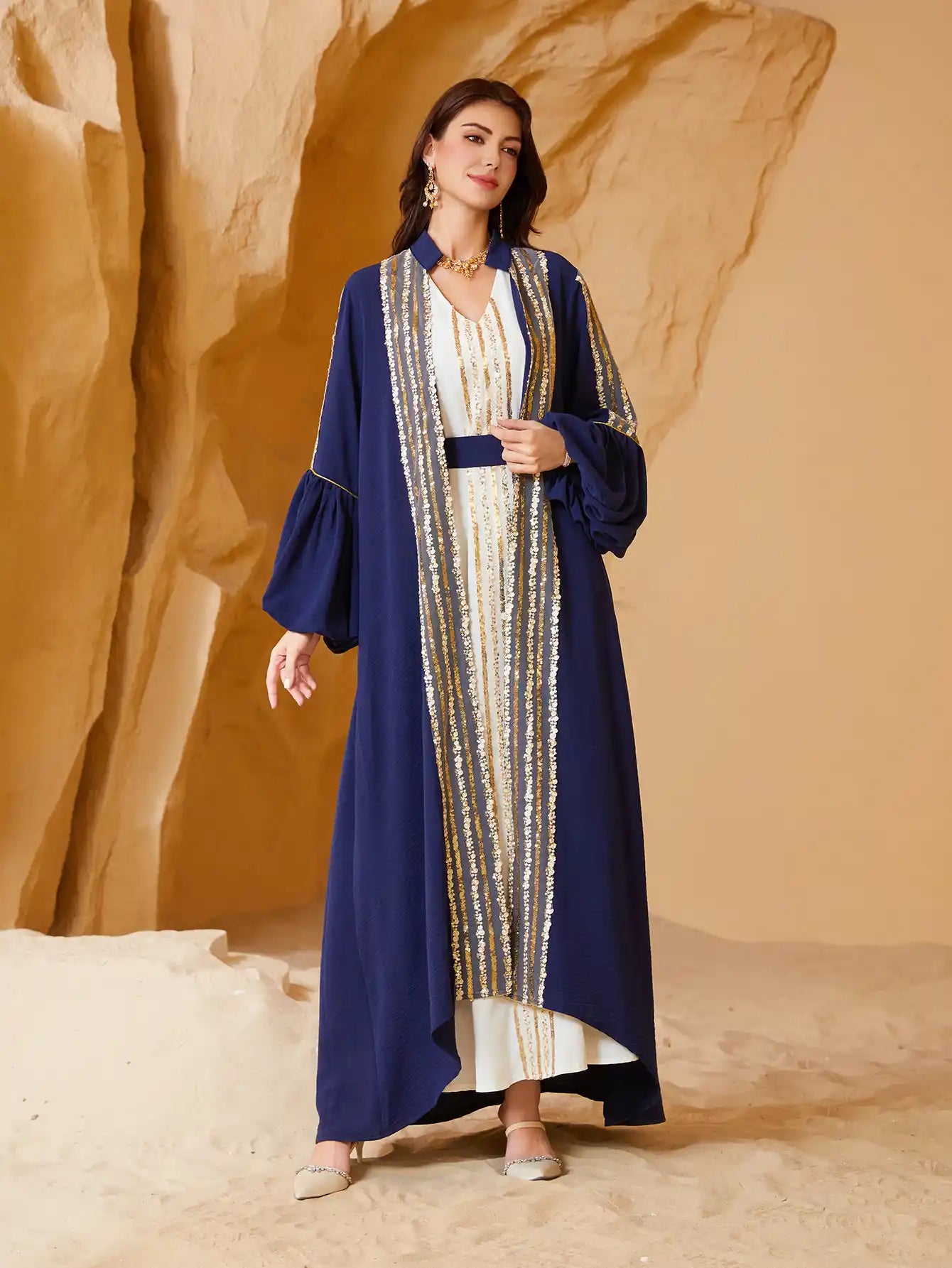 NC35 Embroidered Robe Puff Sleeve Dress Muslim Two-piece Sets