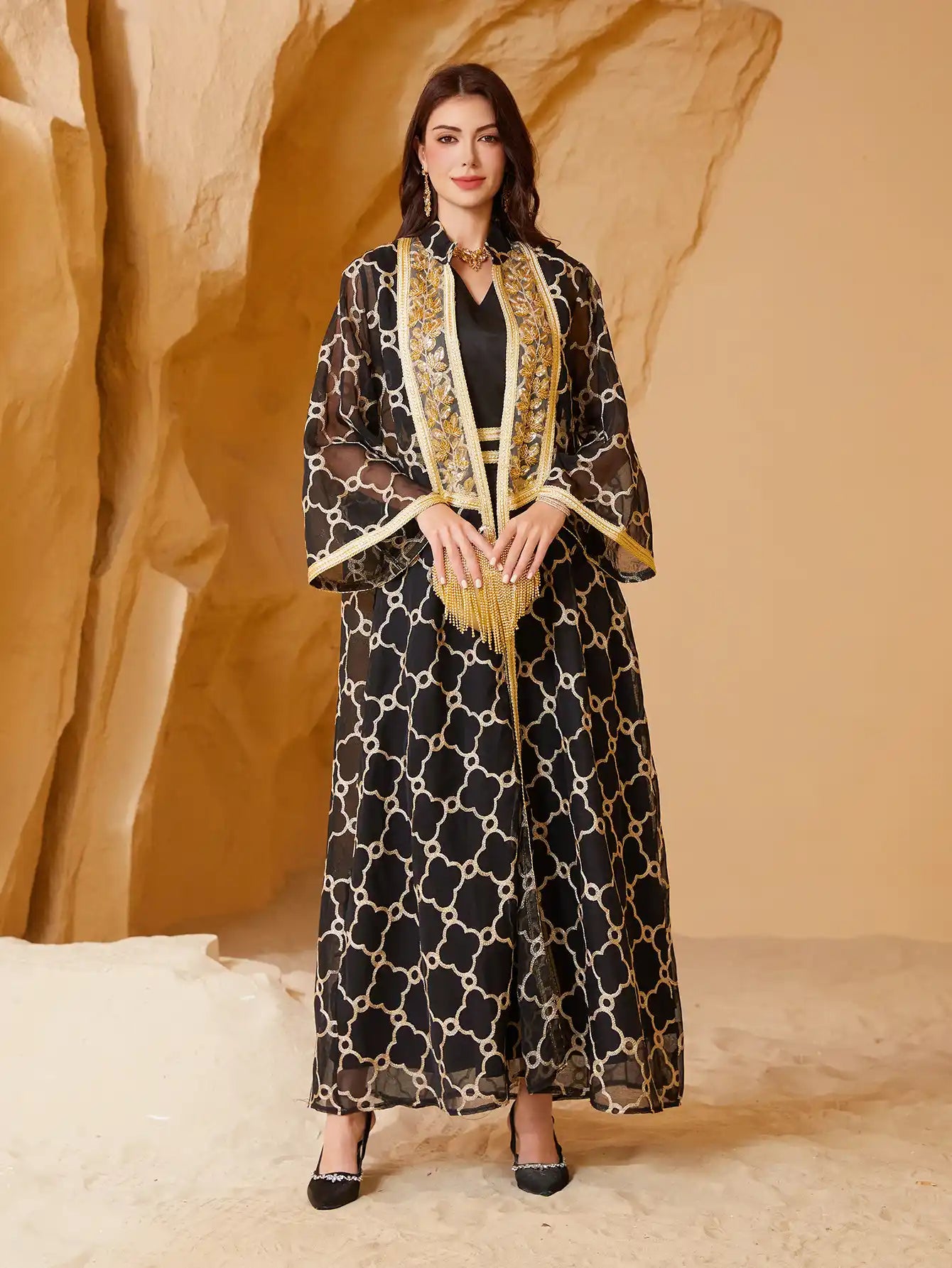 NC40 Heavy Mesh Embroidery Stitching Gold Muslim Two-piece Suit