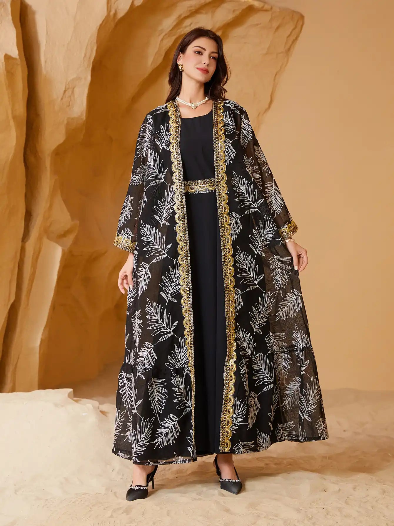 NC41 Arabic Mesh Embroidery Stitching Gold Muslim Two-piece Suit