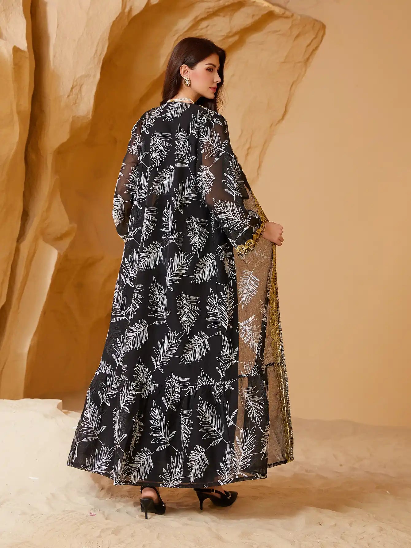 NC41 Arabic Mesh Embroidery Stitching Gold Muslim Two-piece Suit