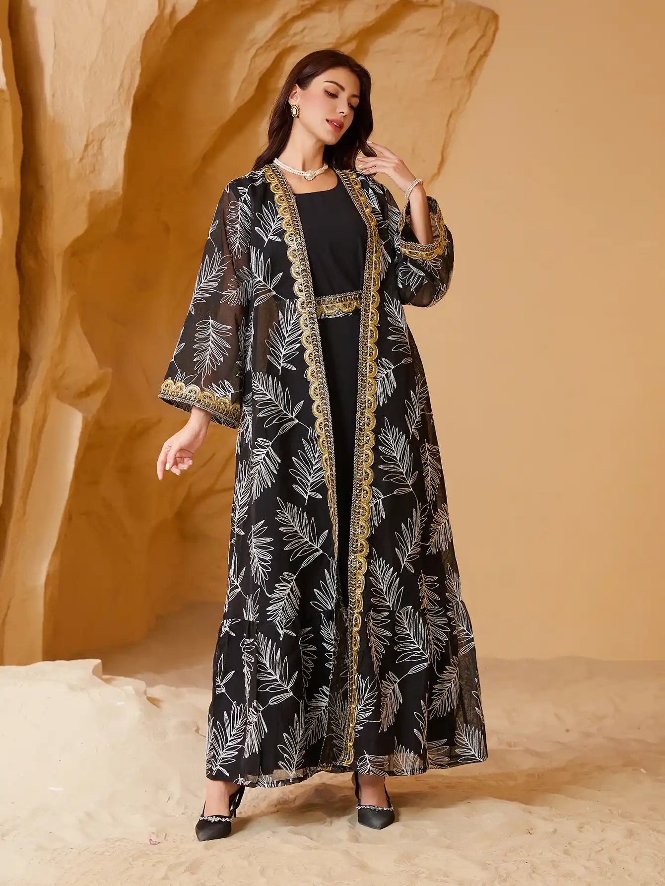 NC41 Arabic Mesh Embroidery Stitching Gold Muslim Two-piece Suit