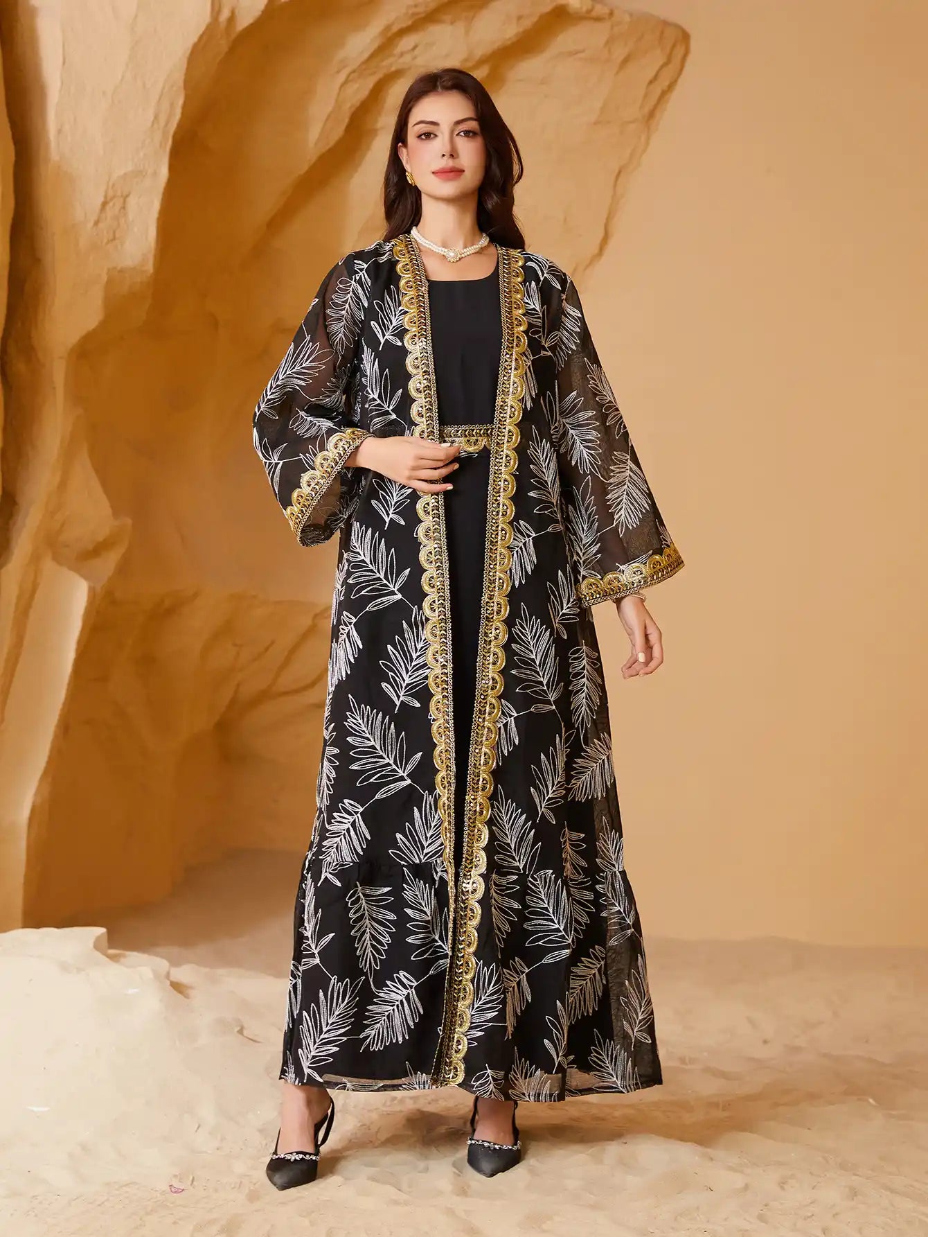NC41 Arabic Mesh Embroidery Stitching Gold Muslim Two-piece Suit