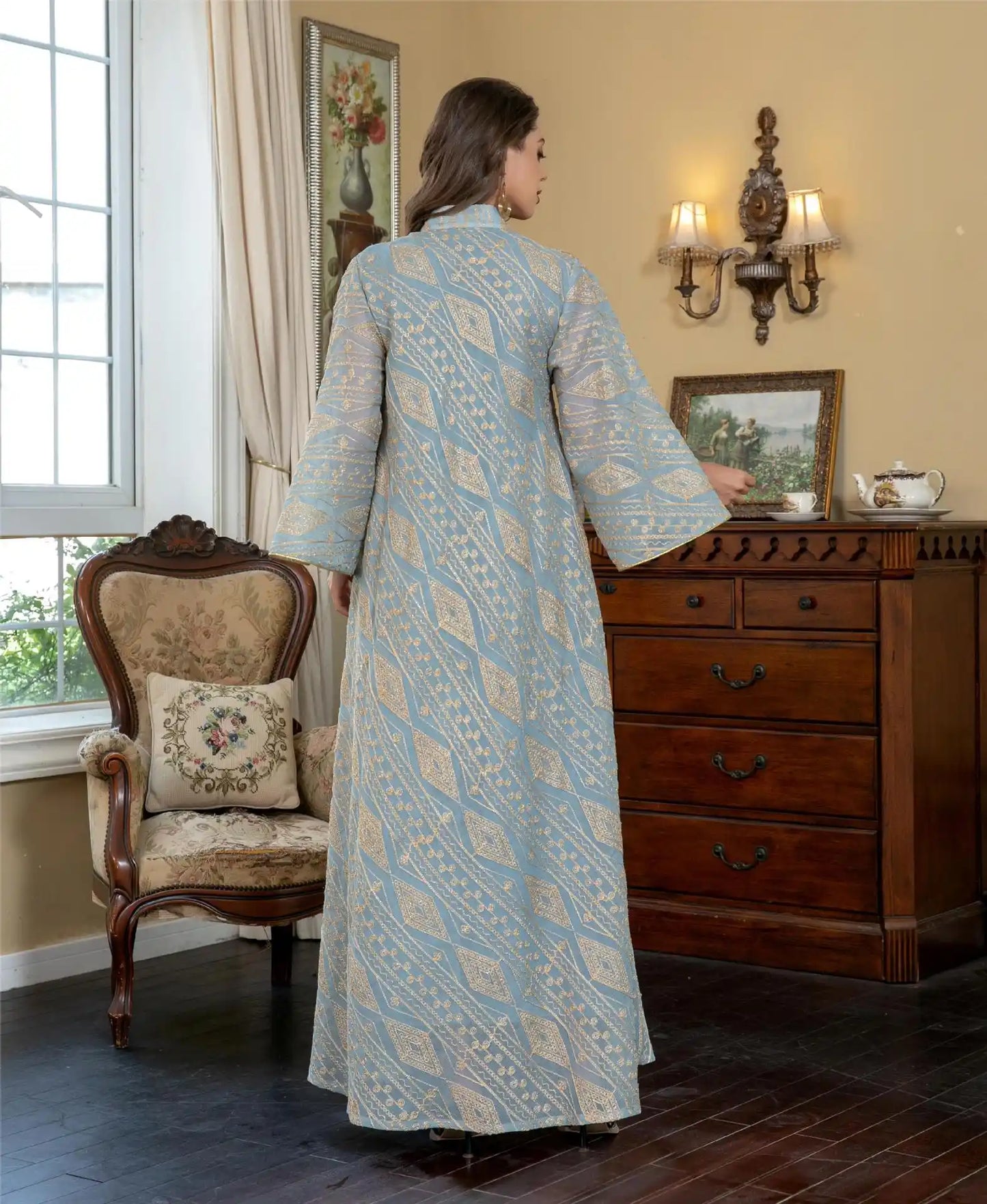 SW005 Arab Dubai Mesh Embroidery Sequins Abaya Evening Dress