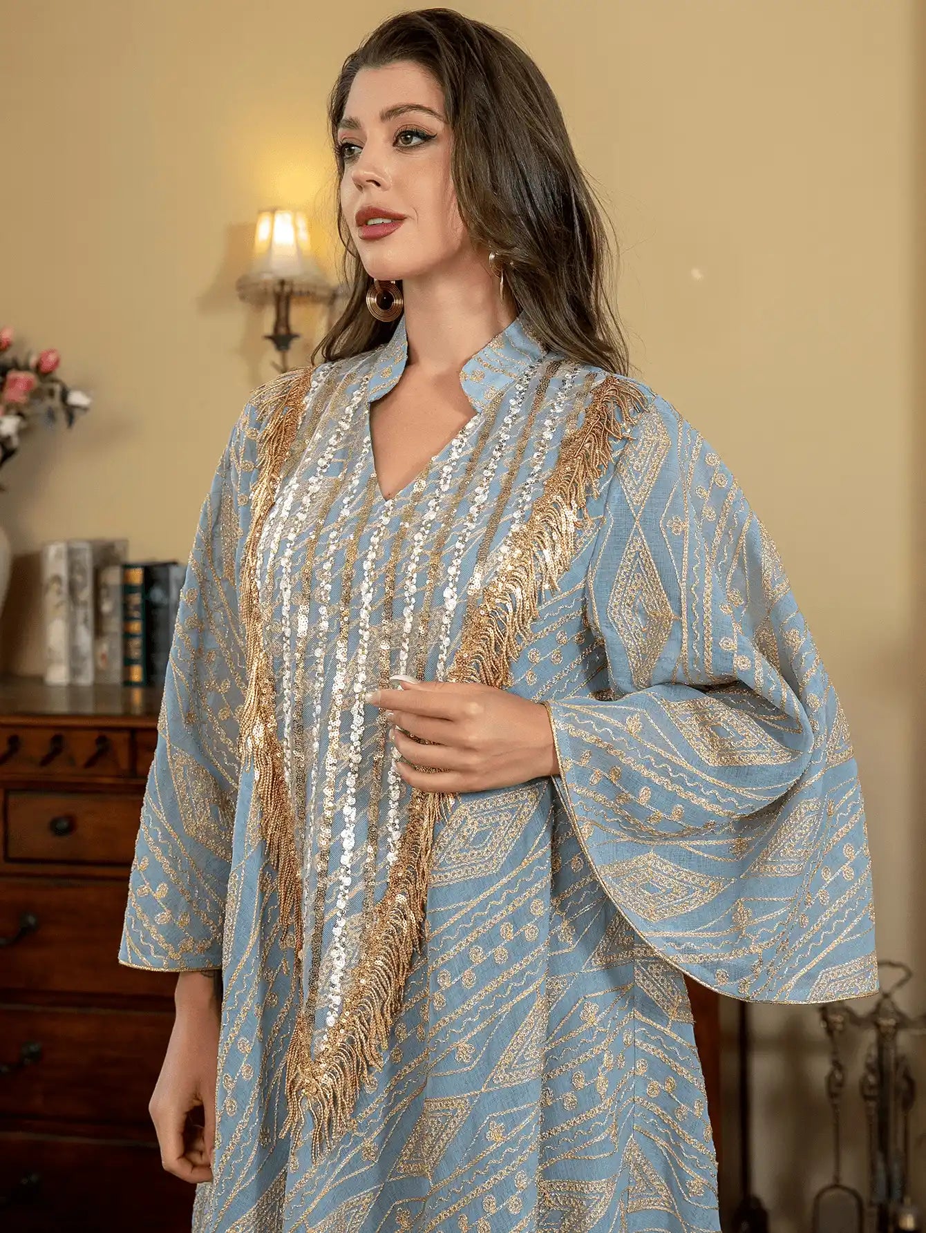 SW005 Arab Dubai Mesh Embroidery Sequins Abaya Evening Dress