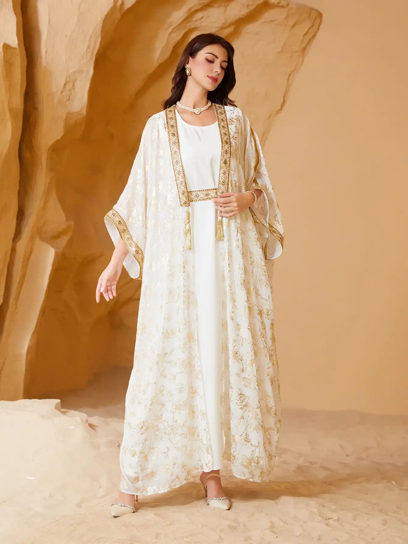 SW013 Muslim Summer Dress Gilded Robe Abaya Two-piece Suits