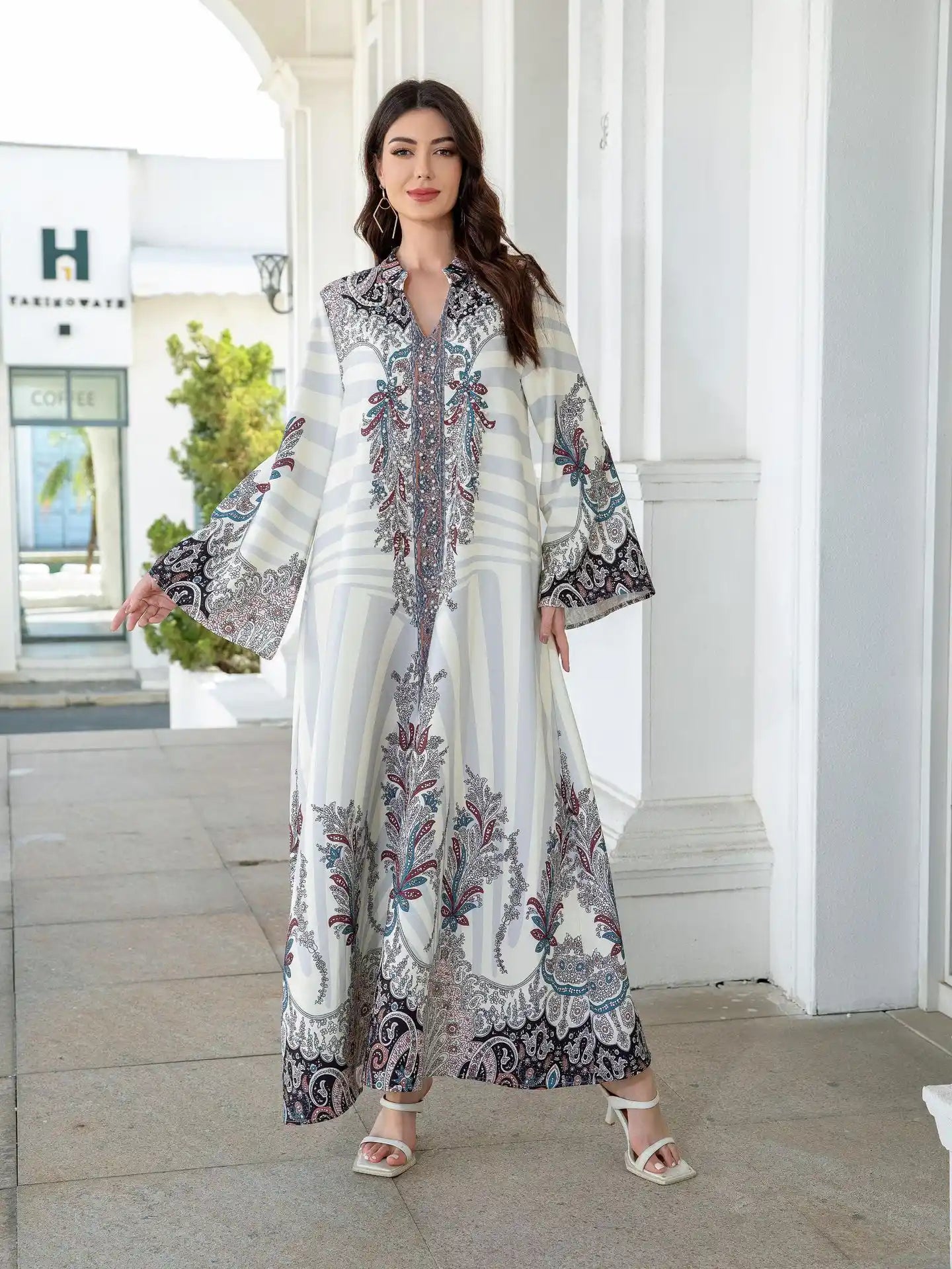 SW1101 Robe Printed Diamond Beaded Abayas