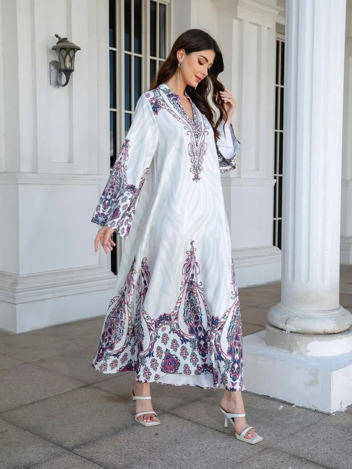 SW1102 Robe Printed Diamond Beaded Dress Abayas