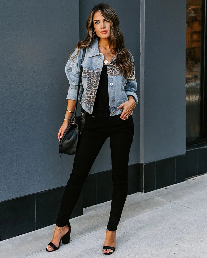 Leopard Print Fashion Denim Top Casual Jeans Jacket