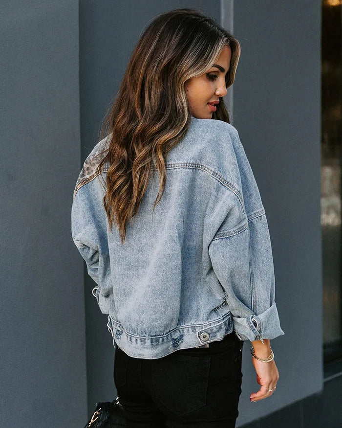 Leopard Print Fashion Denim Top Casual Jeans Jacket