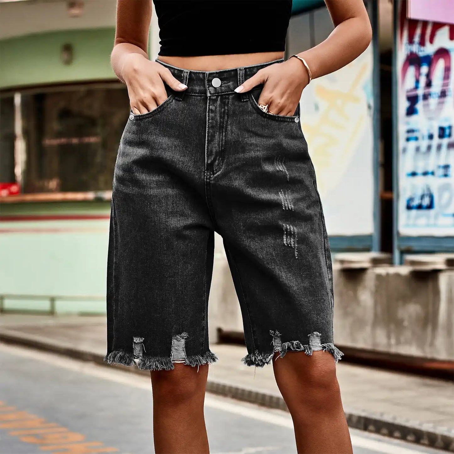 Women's Denim Ripped Shorts Tassel Jeans