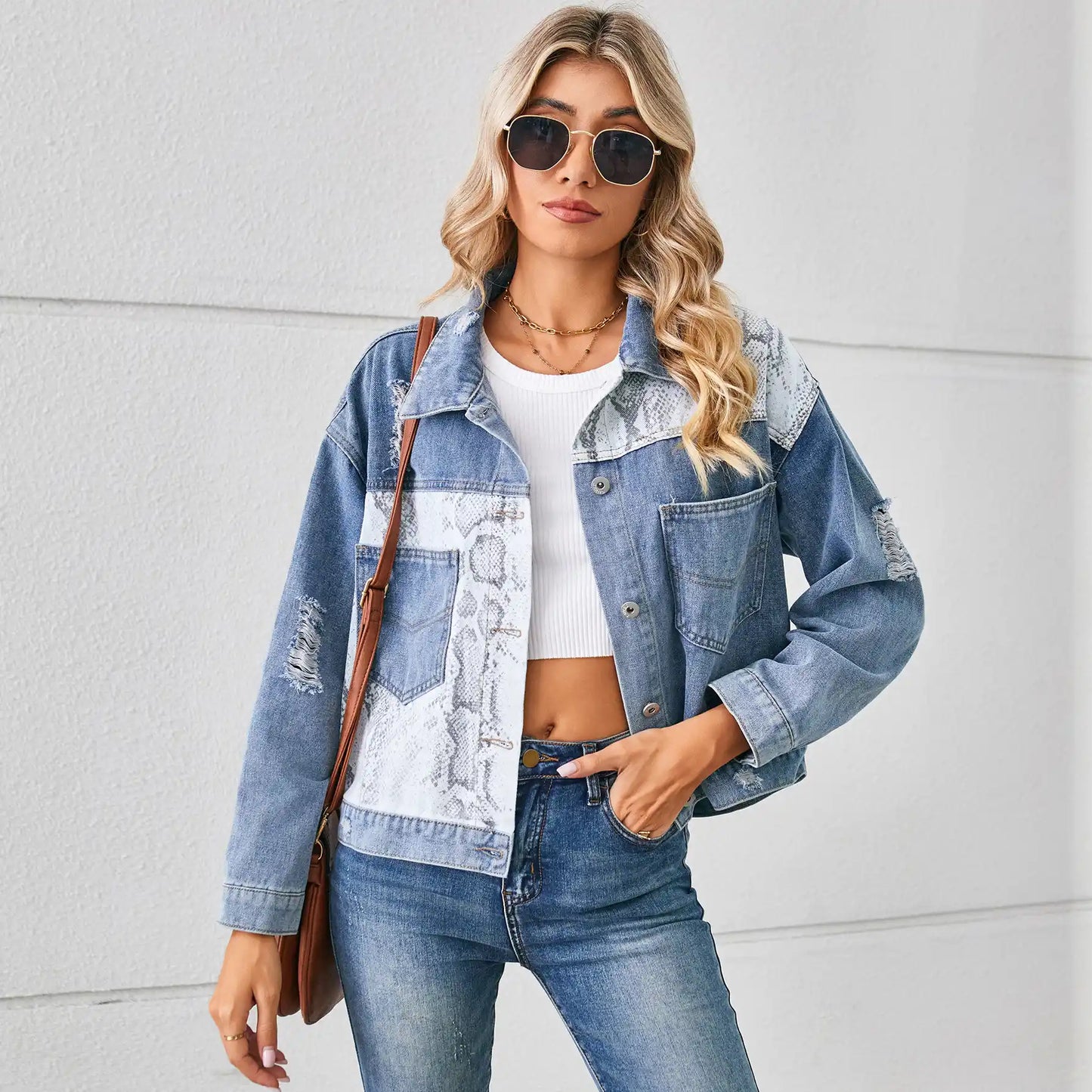 Leopard Print Denim Top Casual Jeans Jacket