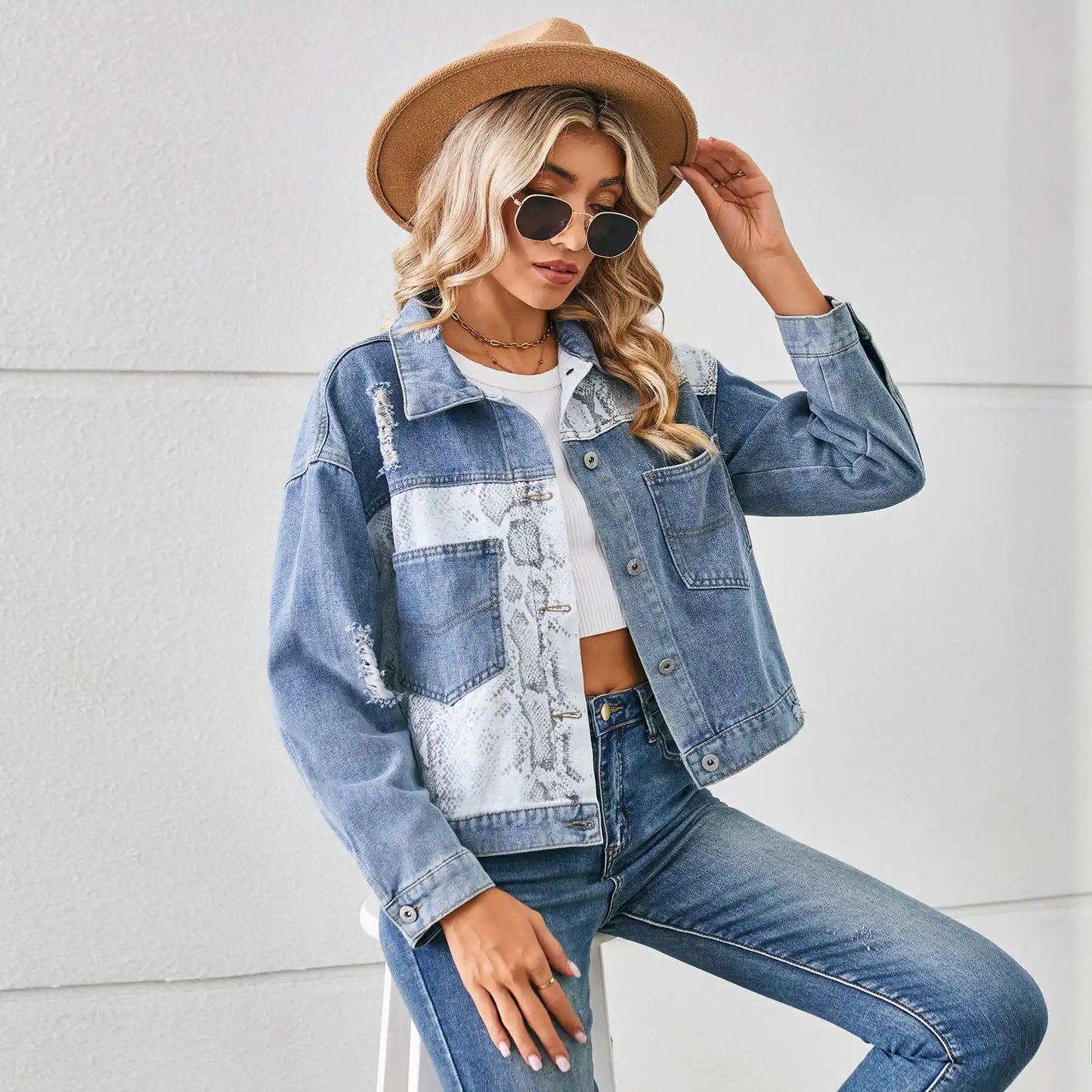 Leopard Print Denim Top Casual Jeans Jacket