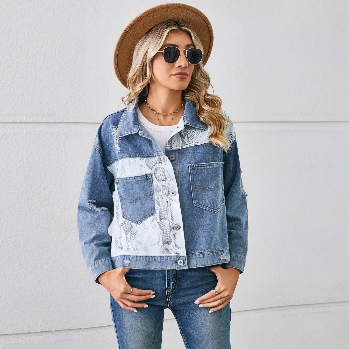 Leopard Print Denim Top Casual Jeans Jacket