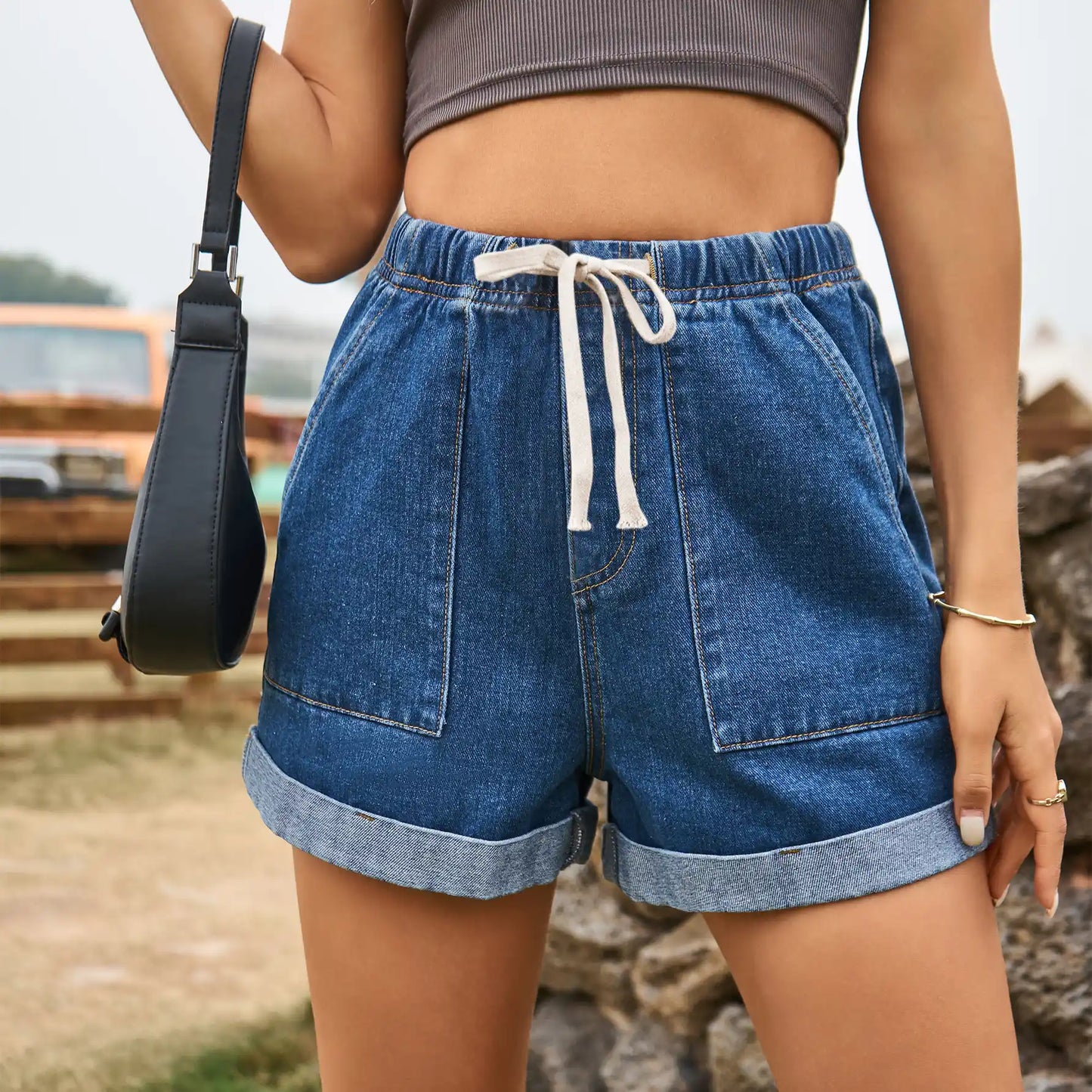 Women Lace-up Elastic Waist Casual Denim Shorts Pants