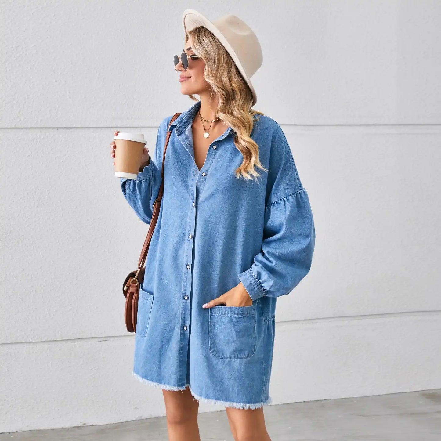 Women Loose Denim Long Sleeve Jeans Dress