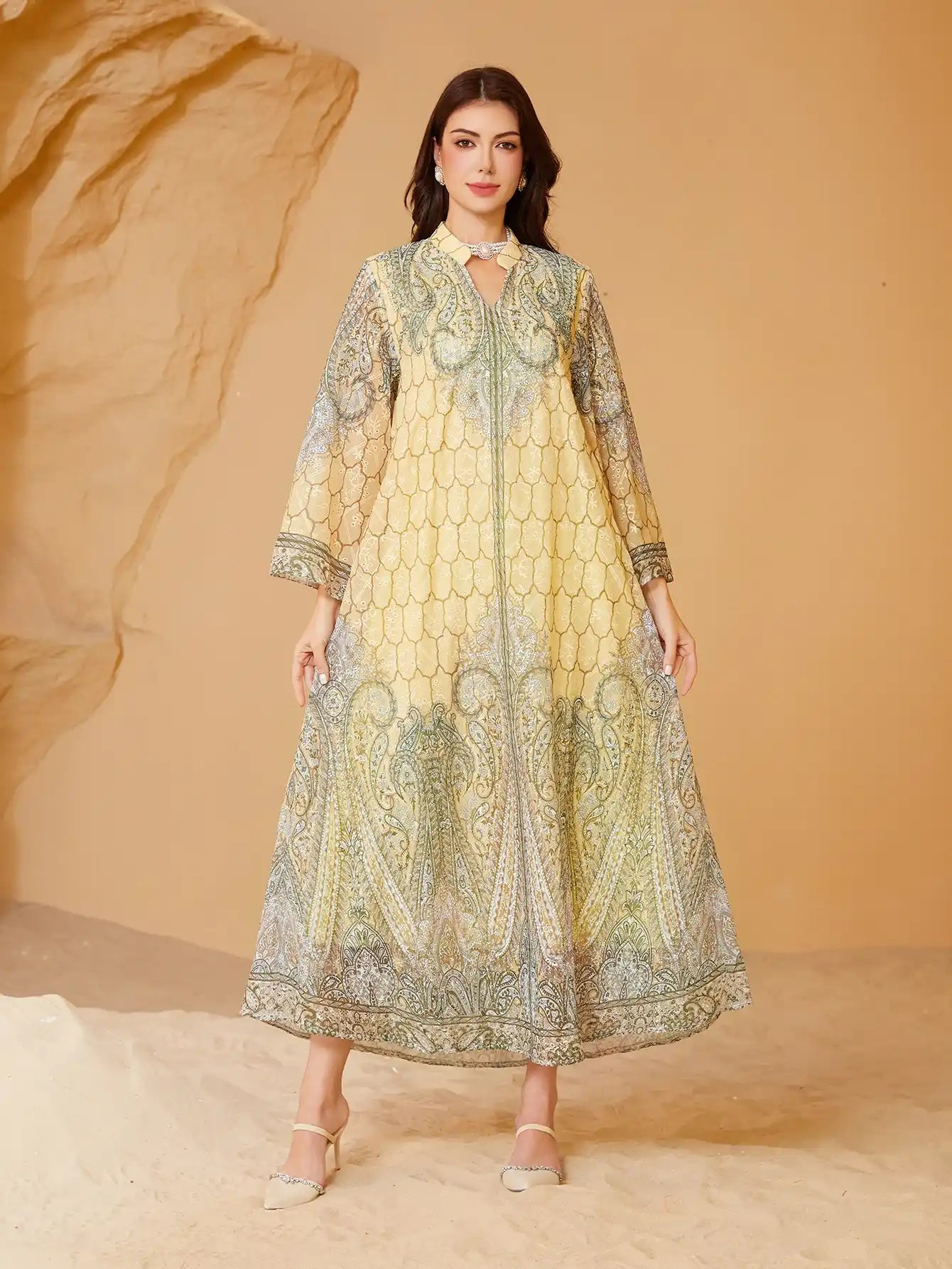 241101 Muslim Robe Printed Rhinestone Dress Abaya