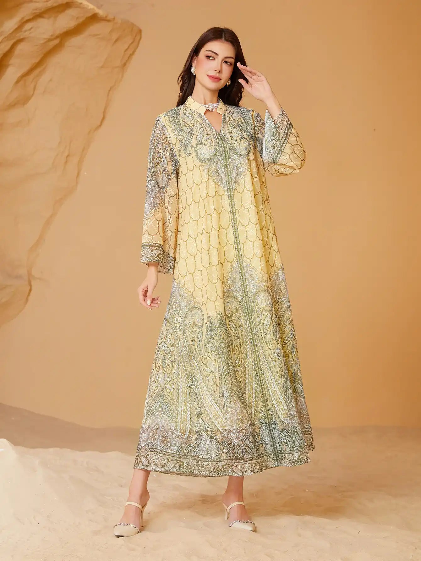 241101 Muslim Robe Printed Rhinestone Dress Abaya
