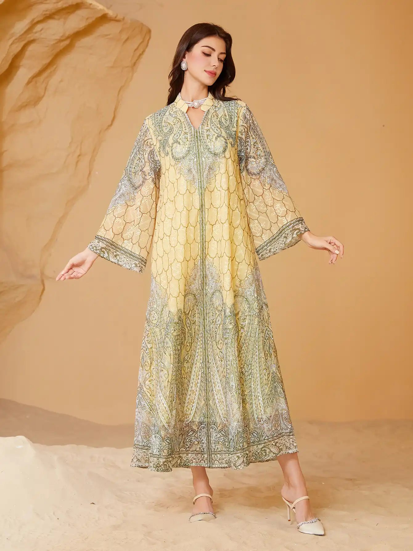 241101 Muslim Robe Printed Rhinestone Dress Abaya