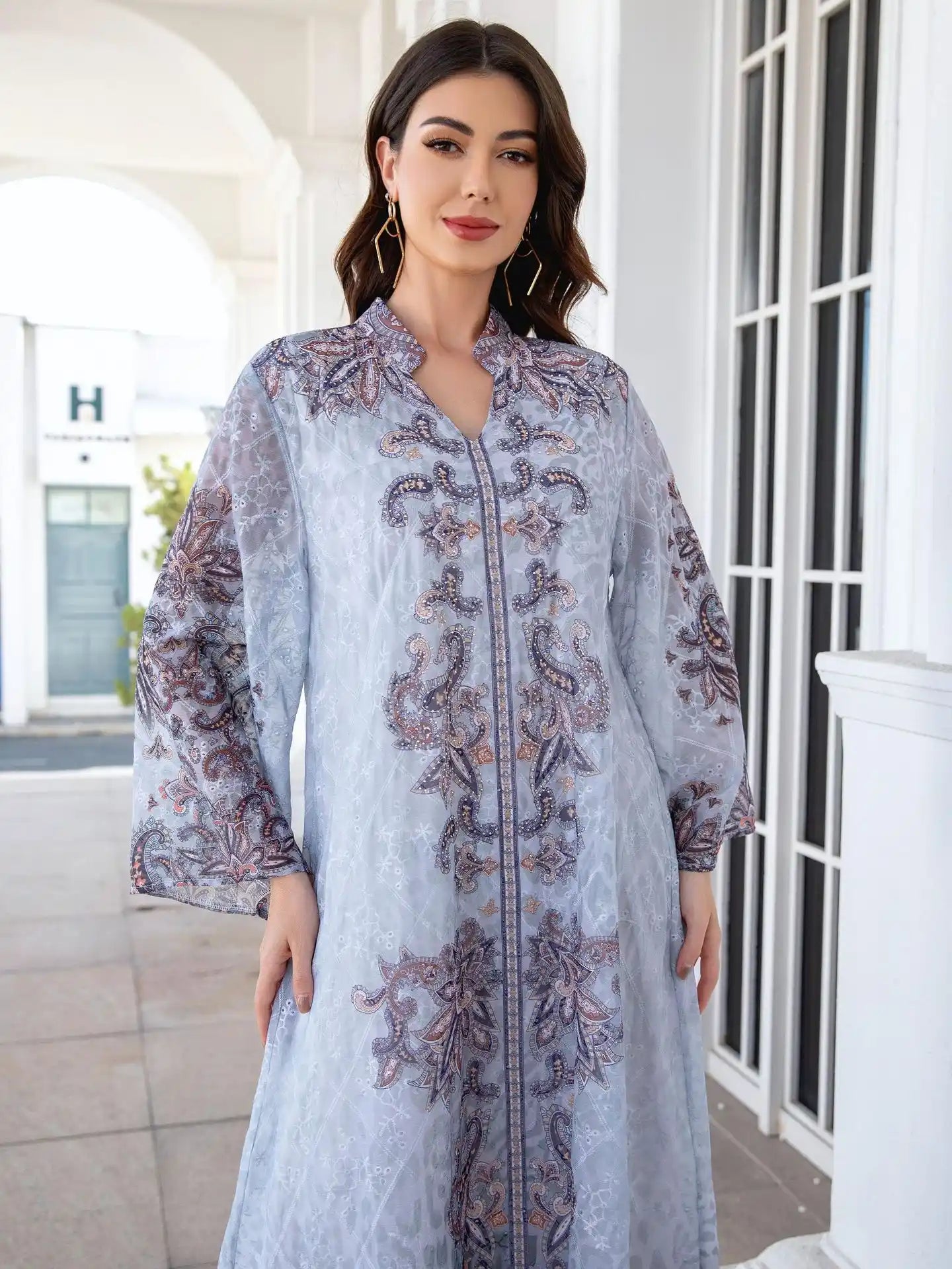 241105 Muslim Robe Printed Diamond Abayas Dress