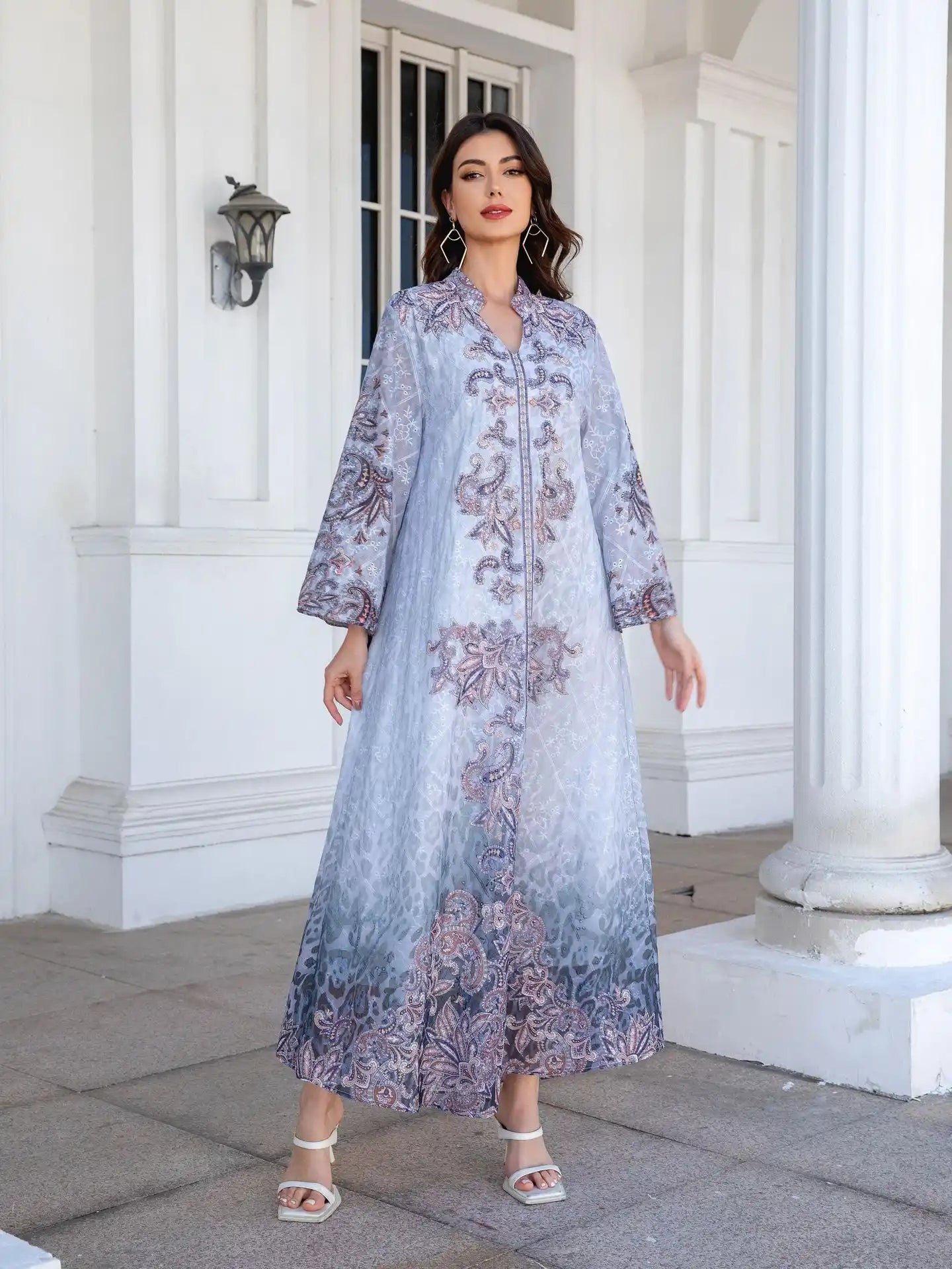 241105 Muslim Robe Printed Diamond Abayas Dress