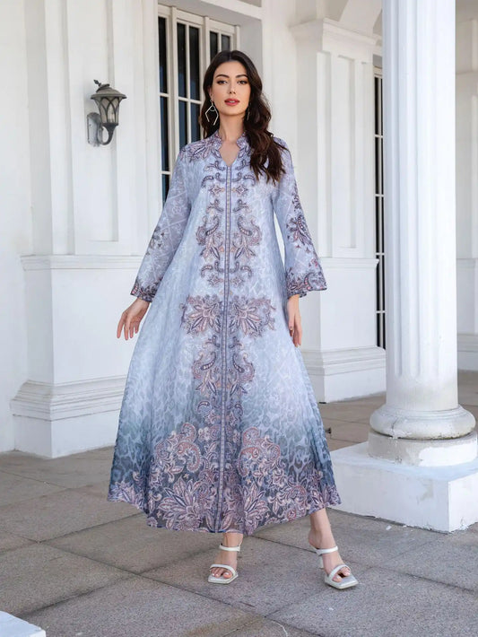 241105 Muslim Robe Printed Diamond Abayas Dress