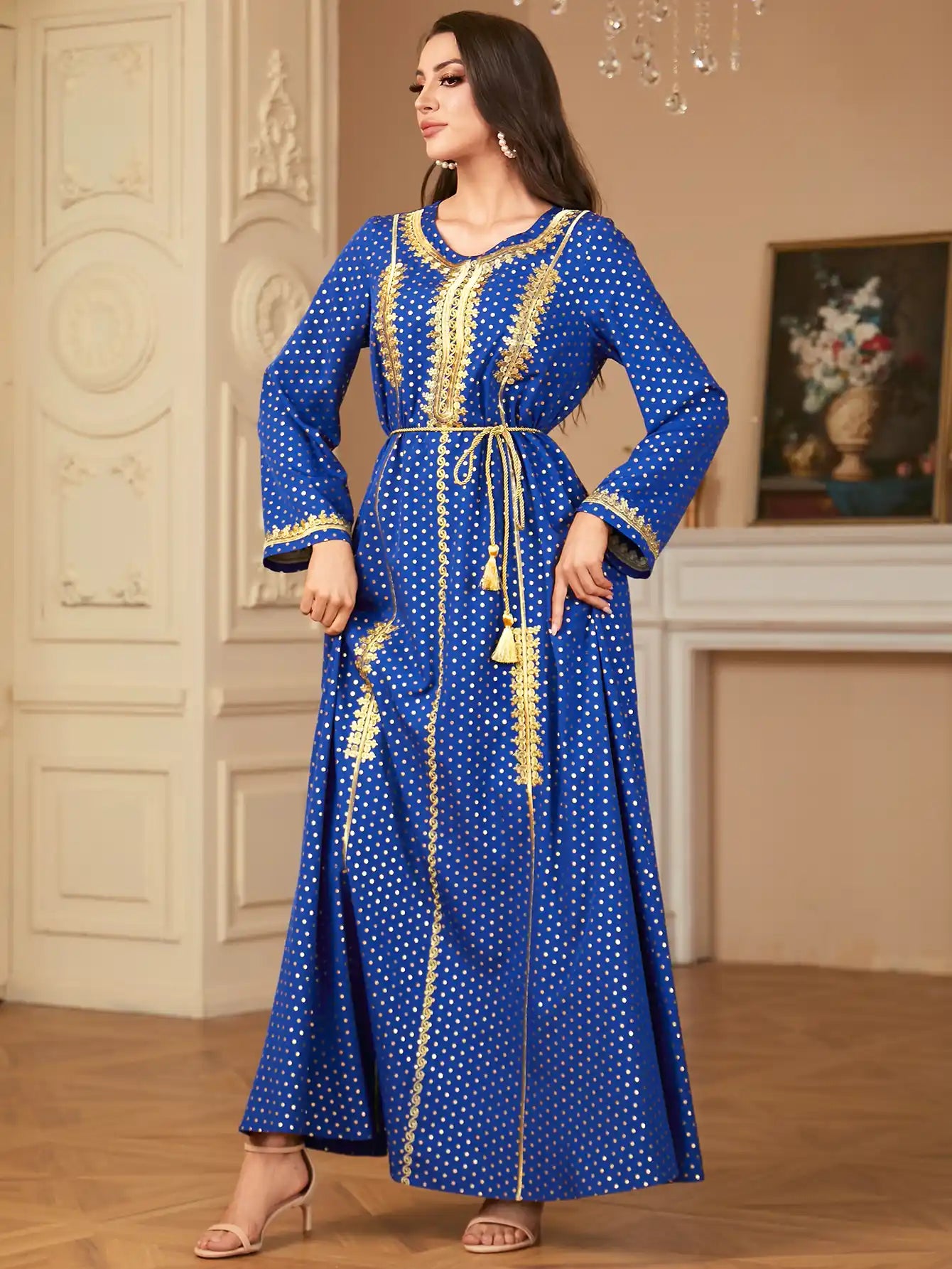 2790 Arab Robe Women's Polka Dot Gold Embroidery Moroccan Dress