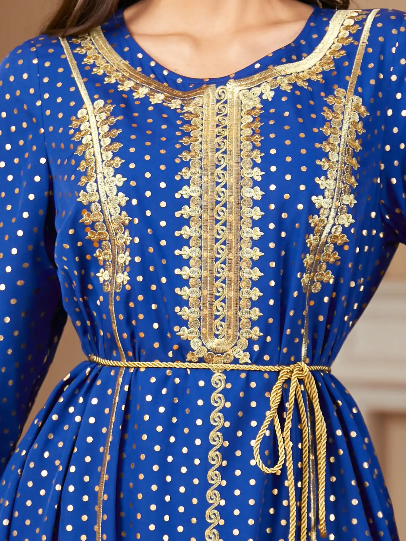 2790 Arab Robe Women's Polka Dot Gold Embroidery Moroccan Dress