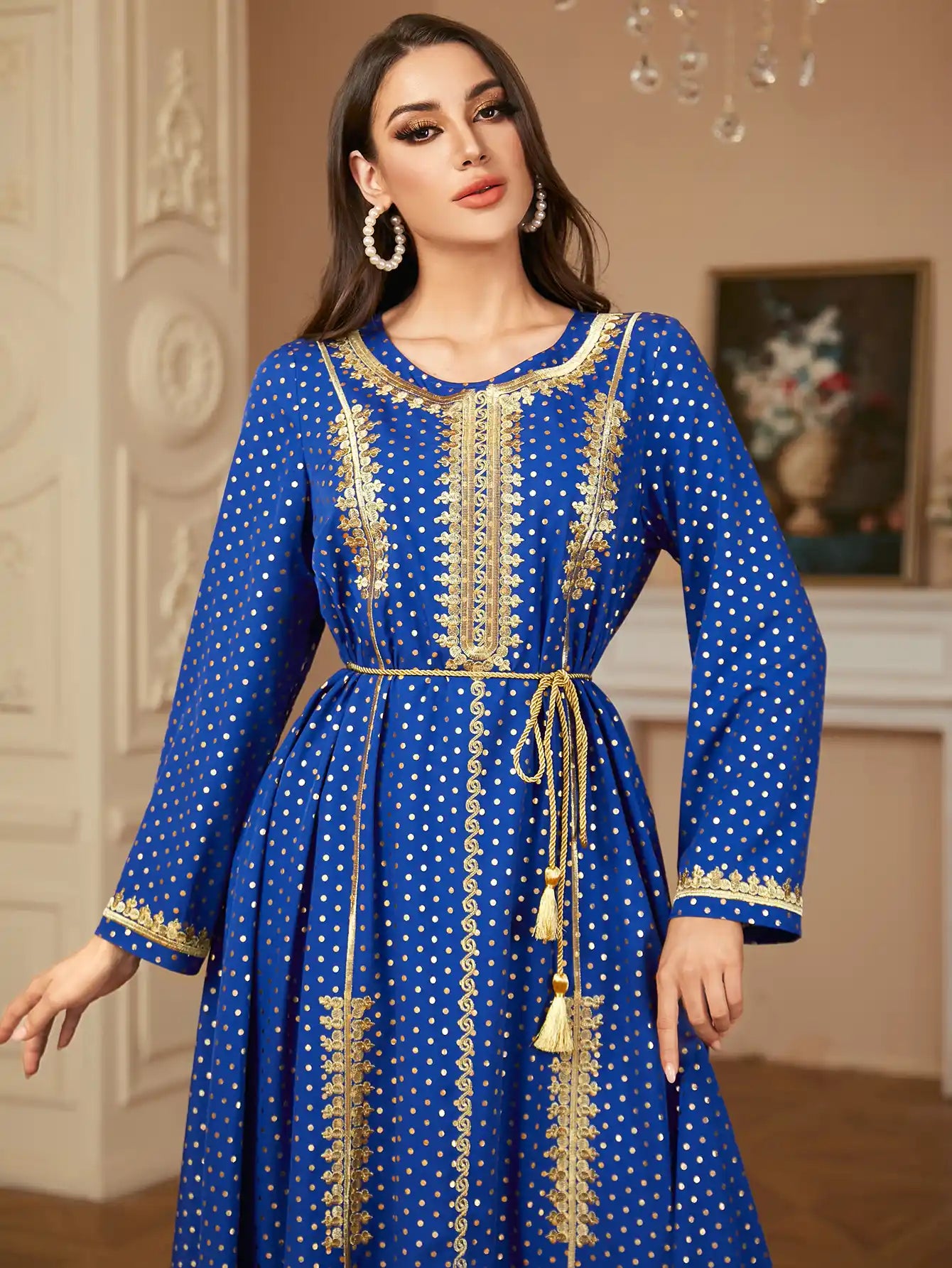2790 Arab Robe Women's Polka Dot Gold Embroidery Moroccan Dress