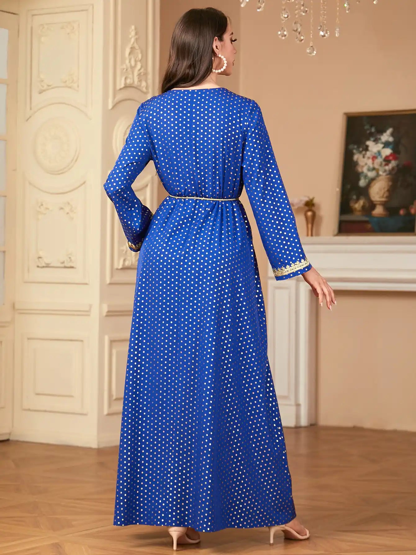 2790 Arab Robe Women's Polka Dot Gold Embroidery Moroccan Dress