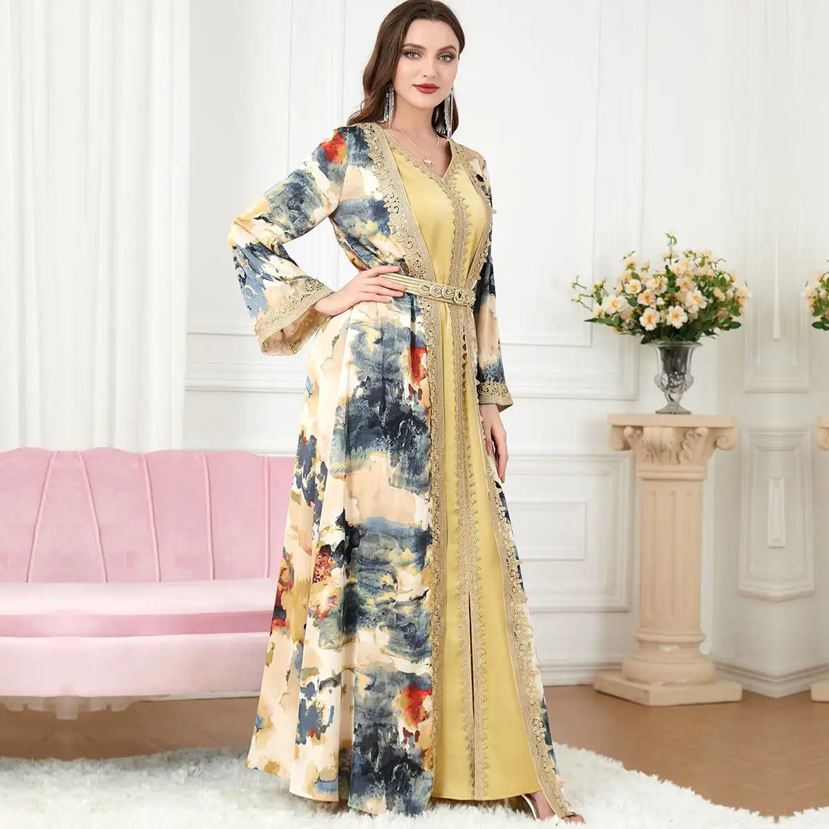 3218 Moroccan Robe Tailoring Muslim Printed Two Piece Set