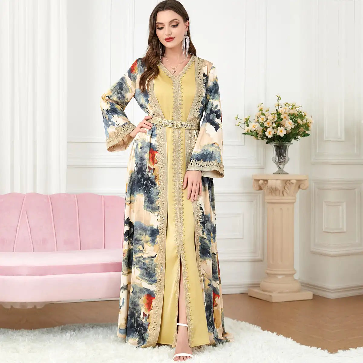 3218 Moroccan Robe Tailoring Muslim Printed Two Piece Set