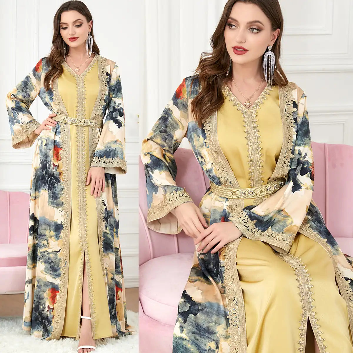 3218 Moroccan Robe Tailoring Muslim Printed Two Piece Set