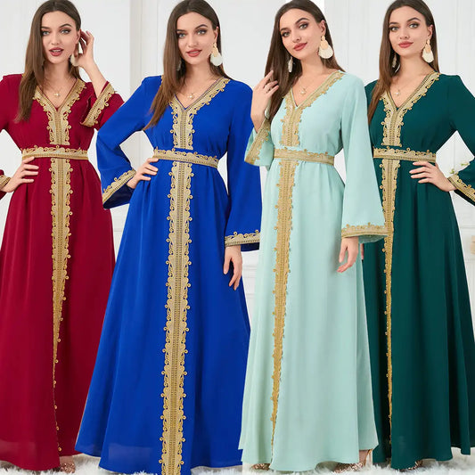 3252 Muslim Embroidery Solid Color Moroccan Dress