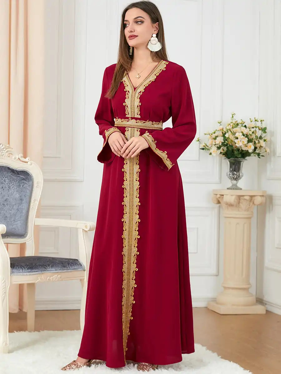 3252 Muslim Embroidery Solid Color Moroccan Dress