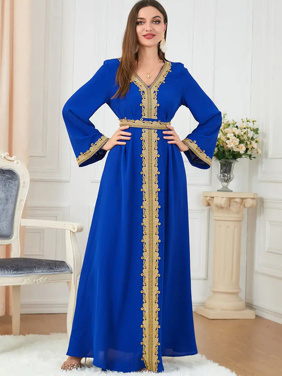 3252 Muslim Embroidery Solid Color Moroccan Dress