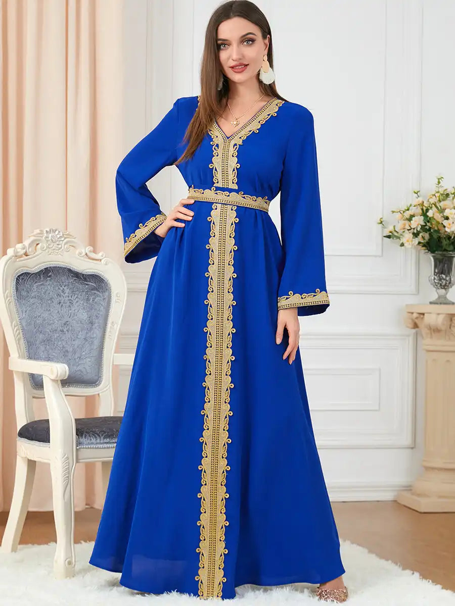3252 Muslim Embroidery Solid Color Moroccan Dress