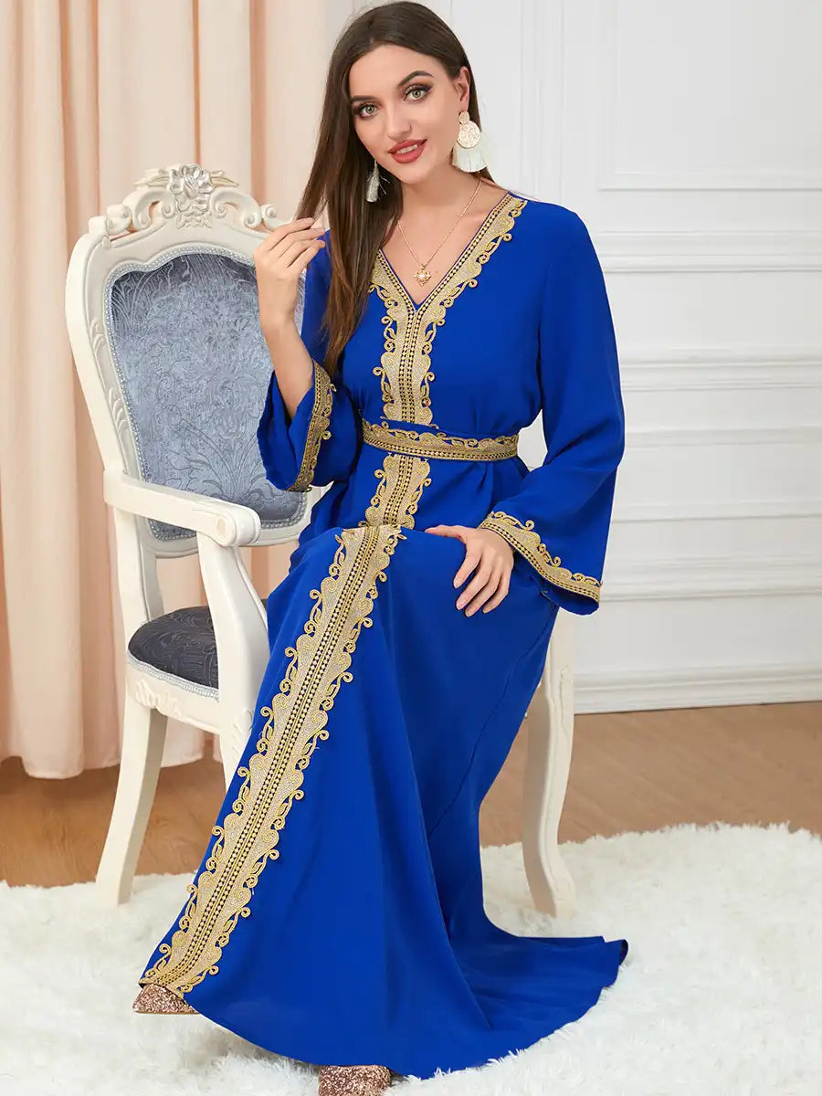 3252 Muslim Embroidery Solid Color Moroccan Dress