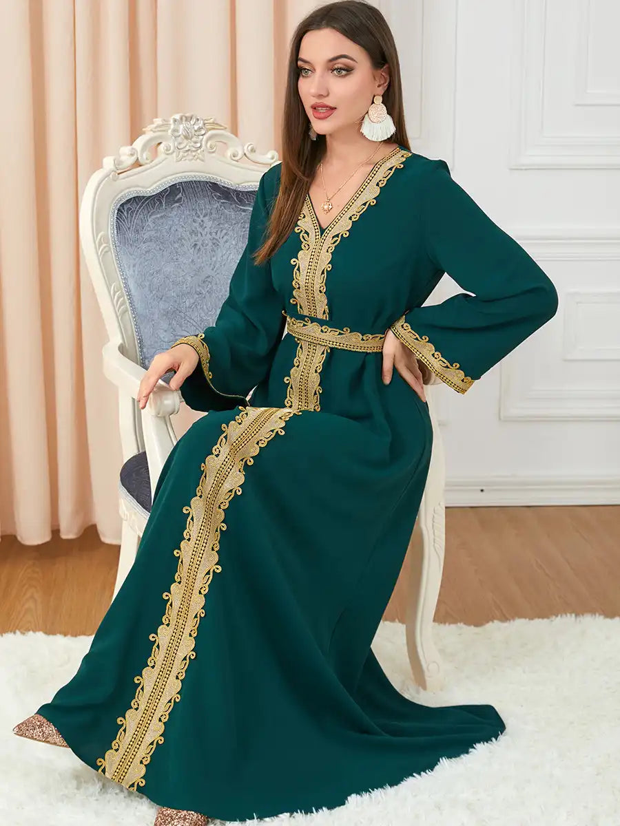3252 Muslim Embroidery Solid Color Moroccan Dress