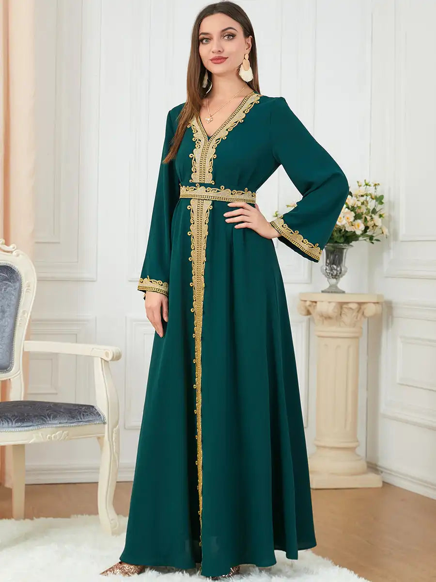 3252 Muslim Embroidery Solid Color Moroccan Dress