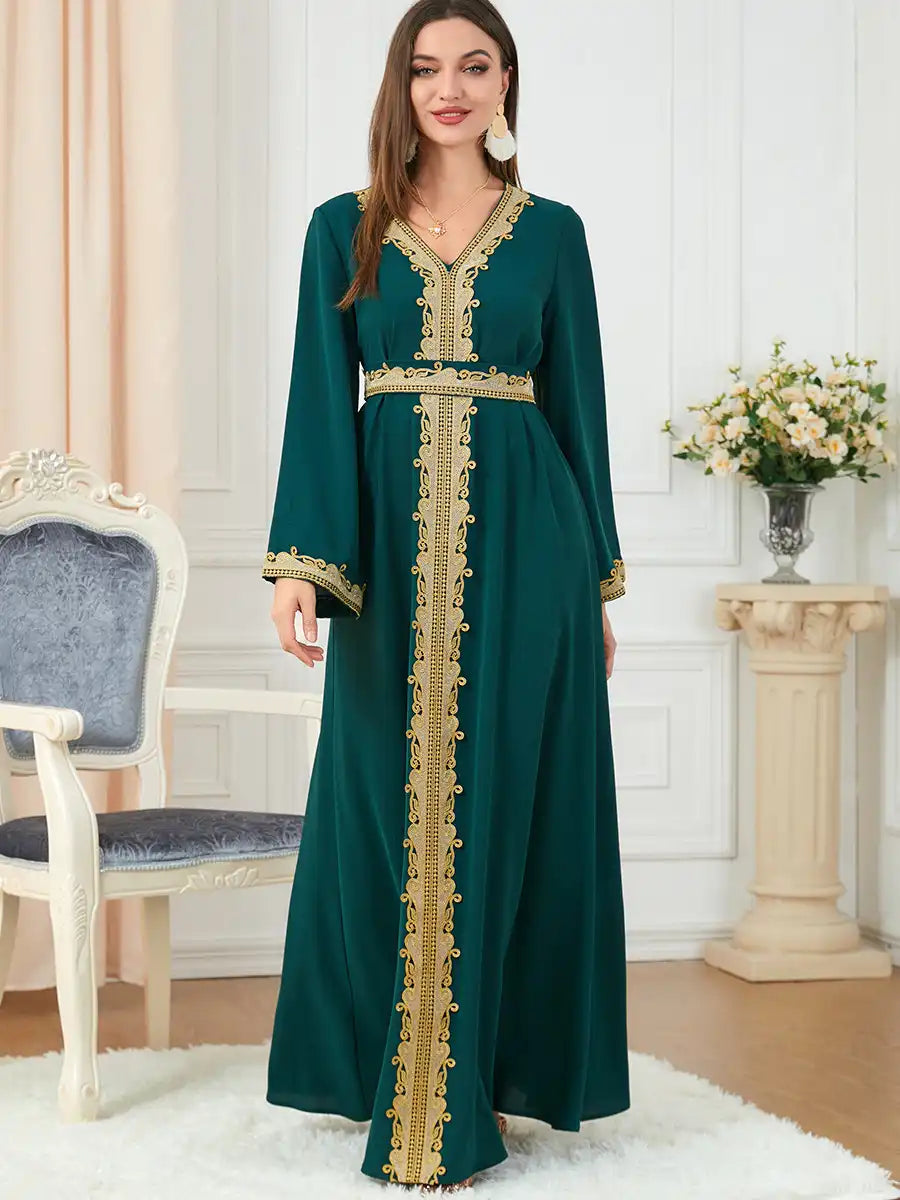 3252 Muslim Embroidery Solid Color Moroccan Dress