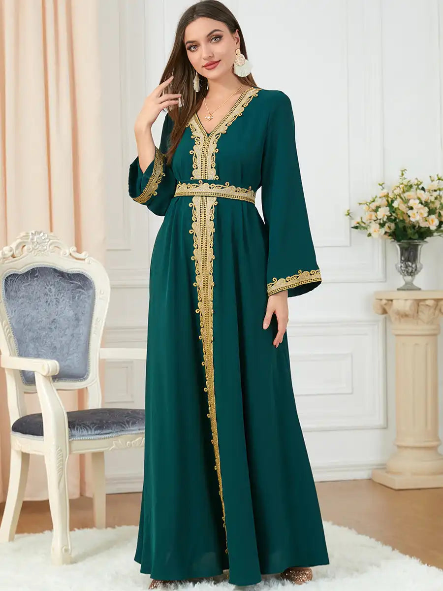 3252 Muslim Embroidery Solid Color Moroccan Dress